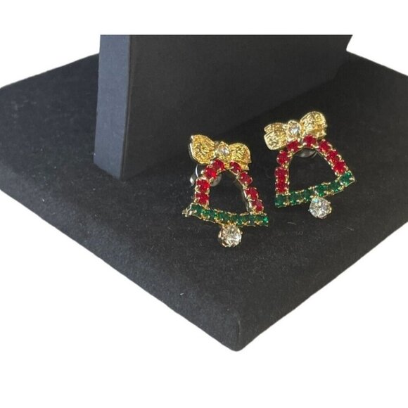 Vintage Christmas Bell Earrings With Red & Green Rhinestones & Gold Bow - Picture 2 of 3